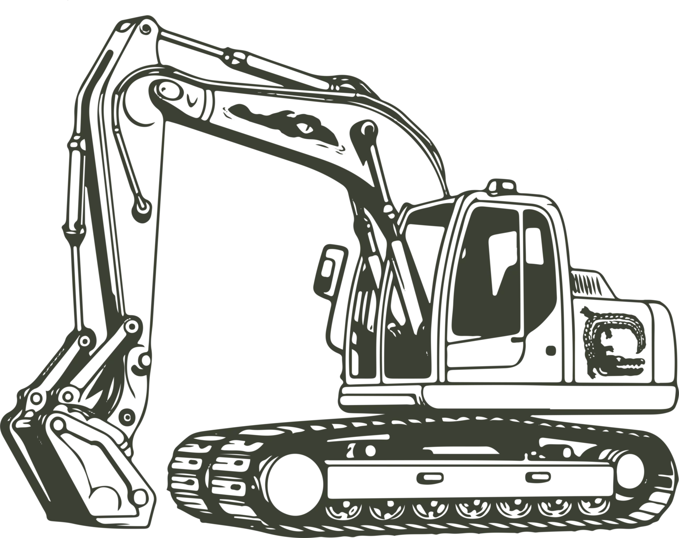 Line drawing of a tracked excavator, the Specialty Contracting Services mark